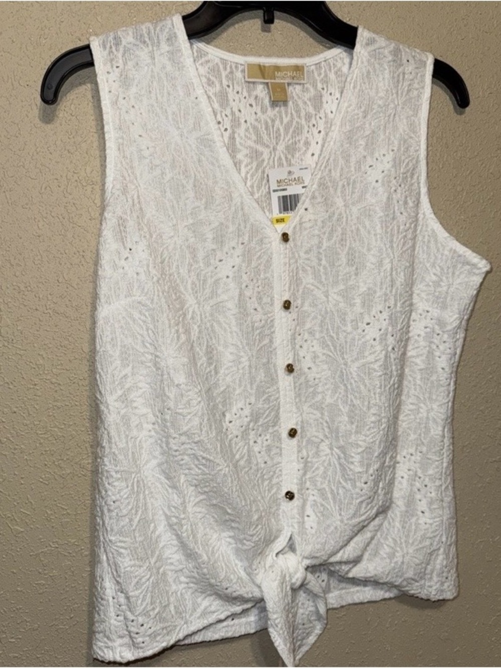 Michael Kors White Knit Button-Front Camisole with Tie Hem